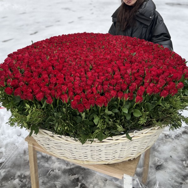 1001 яркая красная роза в корзине