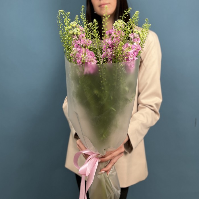 Букет из пяти розовых маттиол с гринбелом