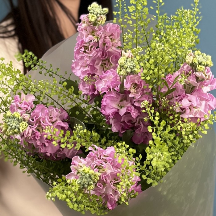 Букет из пяти розовых маттиол с гринбелом