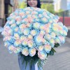 101 радужная розово-бело-голубая роза 60 см