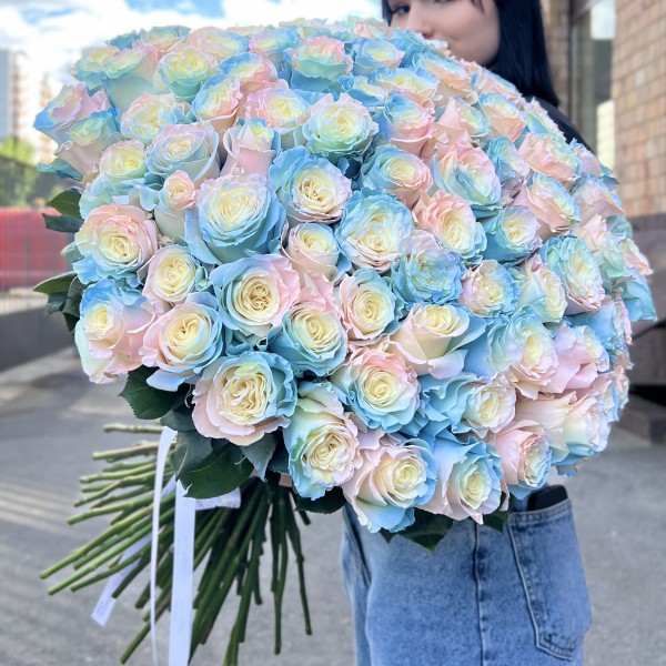 101 радужная розово-бело-голубая роза 70 см