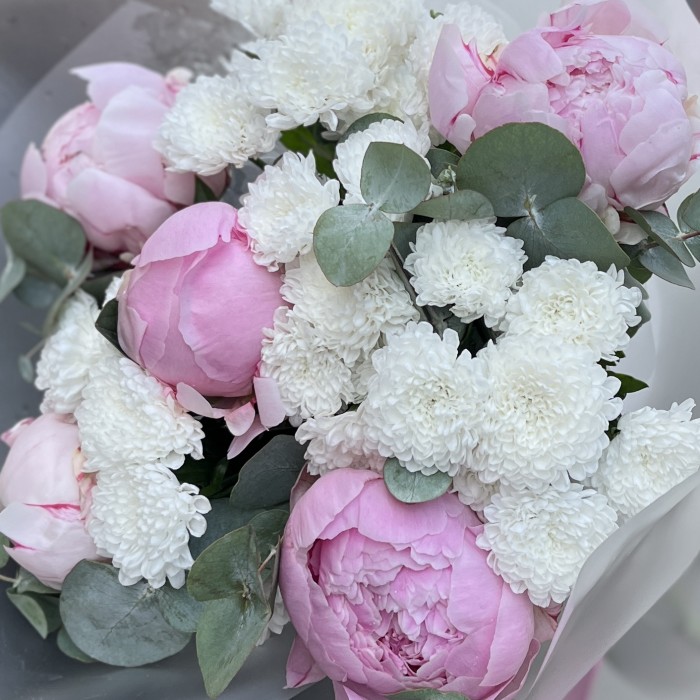 Маленький букет из пионов Сара Бернар и белых хризантем