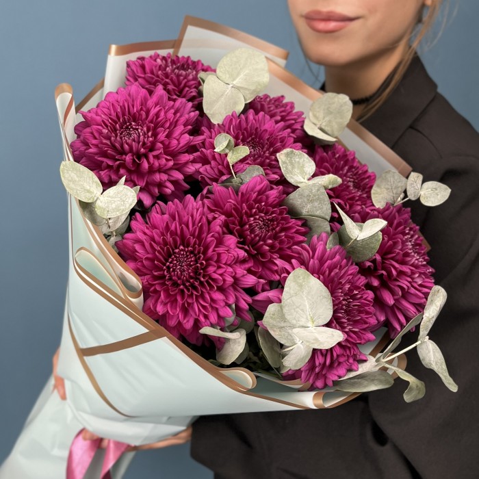 9 фиолетовых хризантем Ламира с эвкалиптом