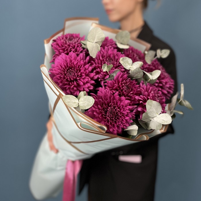 9 фиолетовых хризантем Ламира с эвкалиптом