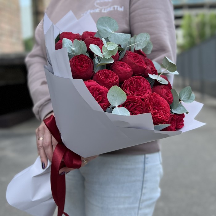 25 красных пионовидных роз Ред Пиано с эвкалиптом