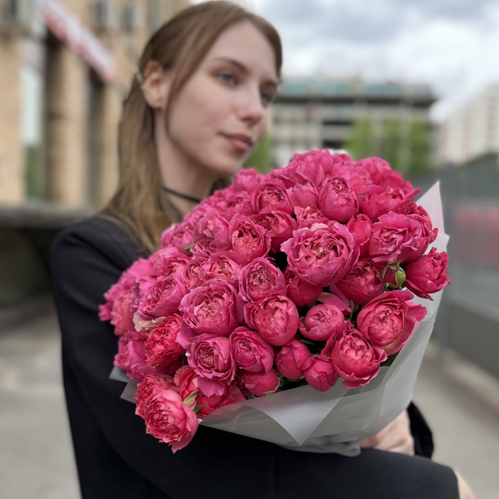 25 кустовых пионовидных роз Вишневая Джульетта