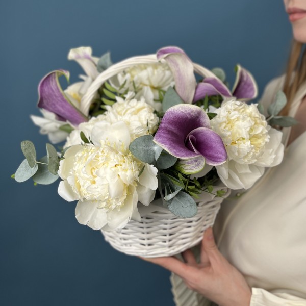 Сиреневые Каллы с Пионами в корзине