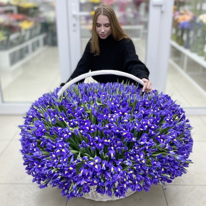 1001 синий ирис в корзине