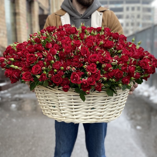 101 кустовая роза Рубикон в корзине