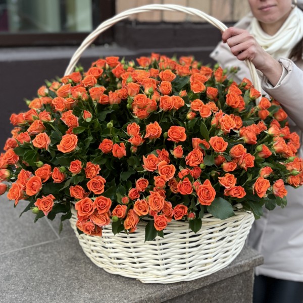 101 оранжевая кустовая роза Чарминг Бейб в корзине