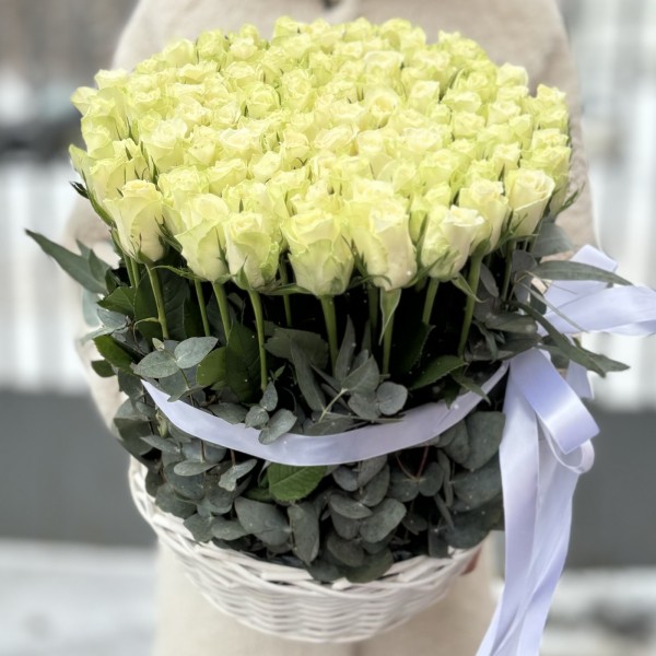 101 белая роза с эвкалиптом в корзине