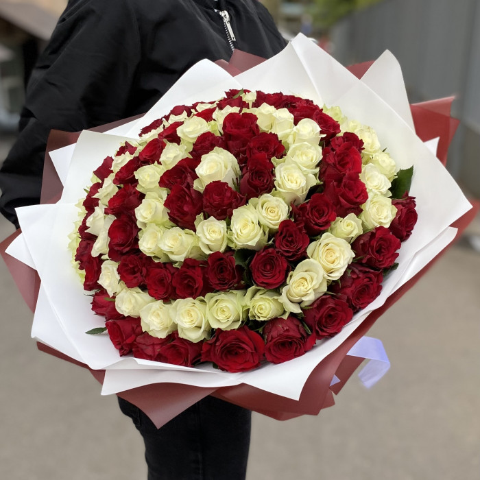 101 красная и белая роза в букете Вихрь Чувств