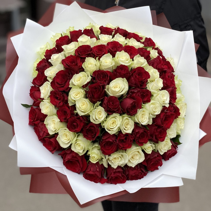 101 красная и белая роза в букете Вихрь Чувств