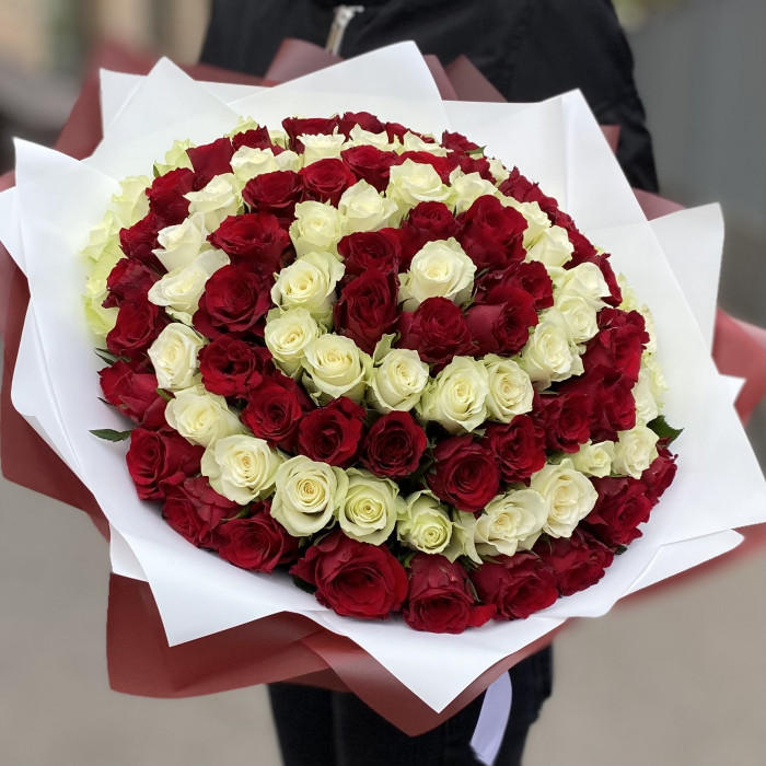 101 красная и белая роза в букете Вихрь Чувств