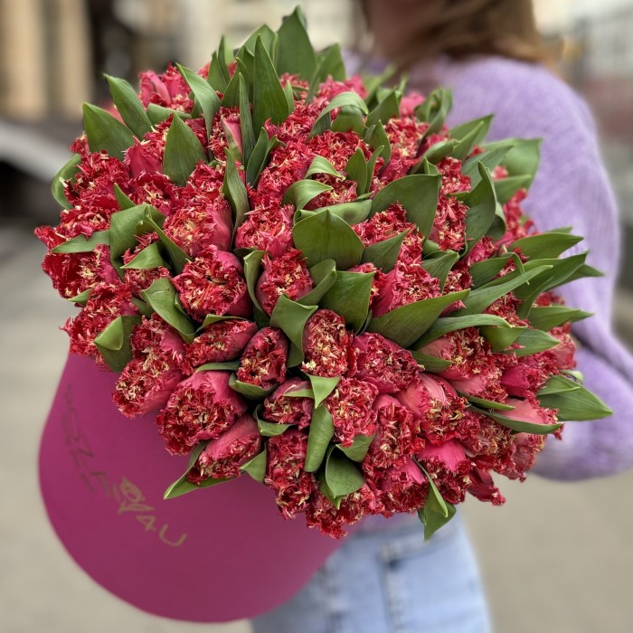 101 махровый красный тюльпан Ля мур в коробке