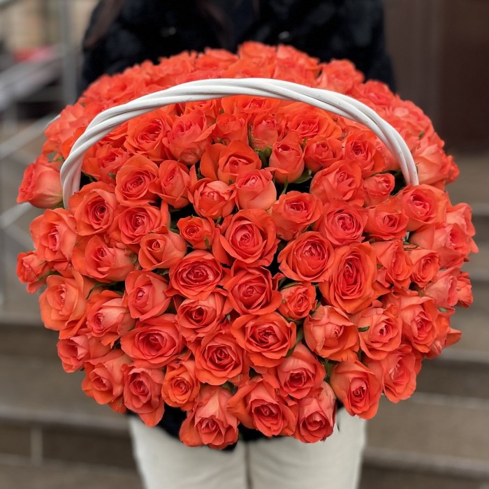 101 оранжевая роза в корзине