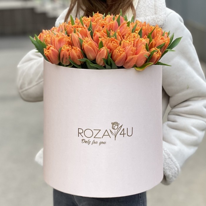 101 оранжевый махровый тюльпан Оранж пэшн в коробке
