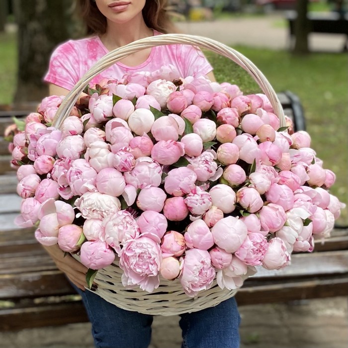 201 розовый пион Сара Бернар в корзине