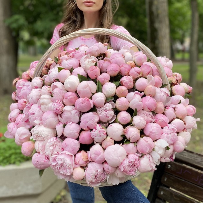 201 розовый пион Сара Бернар в корзине