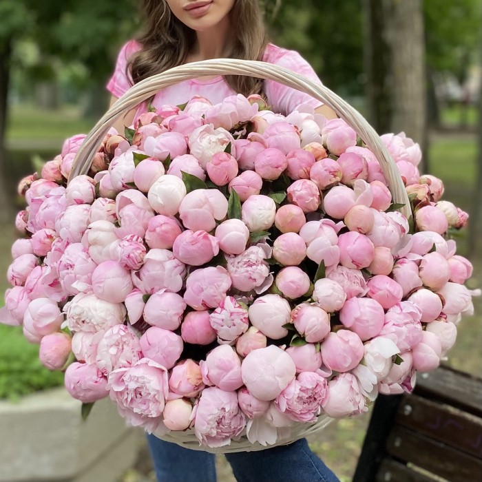 201 розовый пион Сара Бернар в корзине