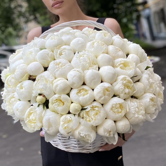 101 пион Белый Лебедь в корзине