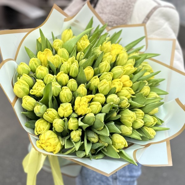101 пионовидный желтый тюльпан в упаковке