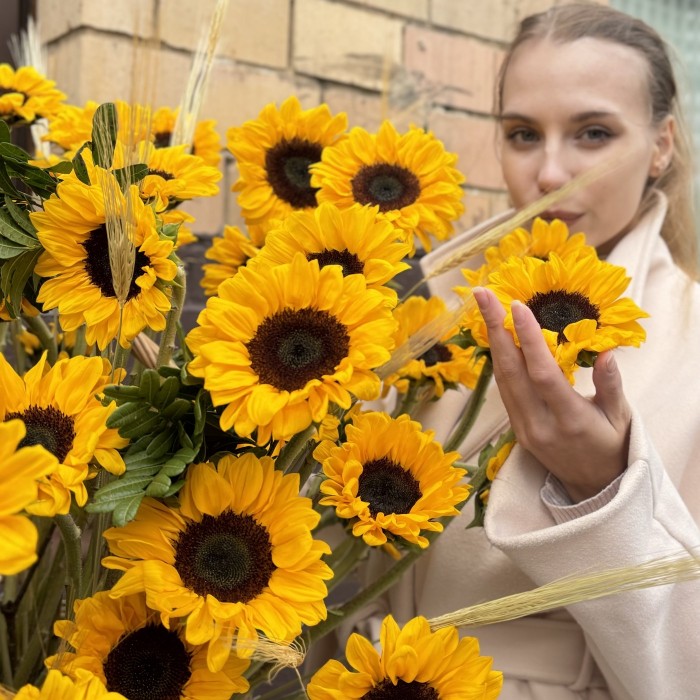 101 подсолнух с гринбеллом в корзине