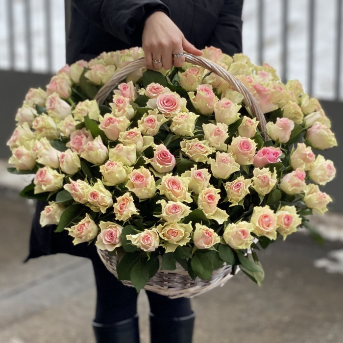 101 бело-розовая роза Топ-гир в корзине
