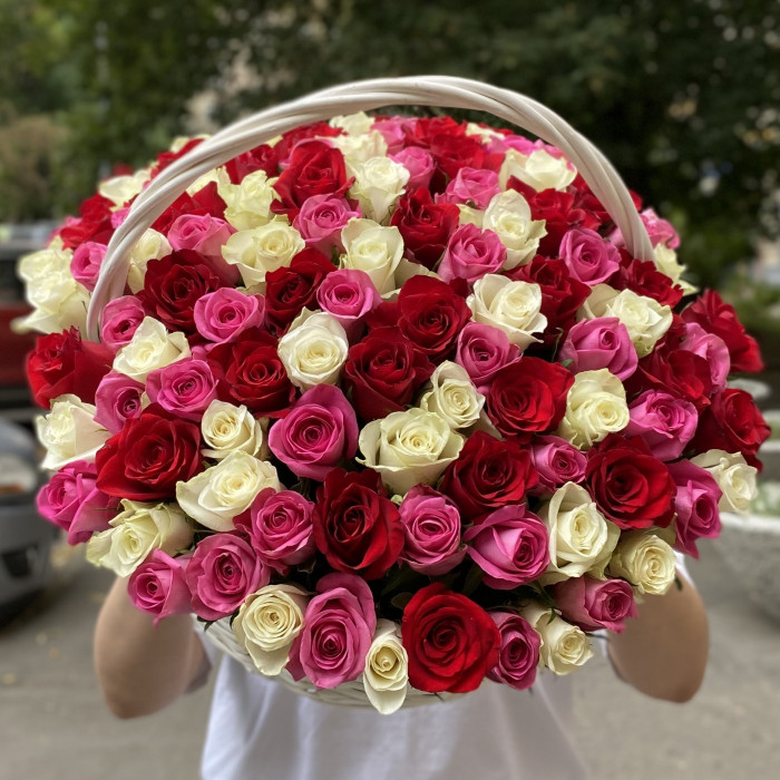 101 роза яркий микс в корзине