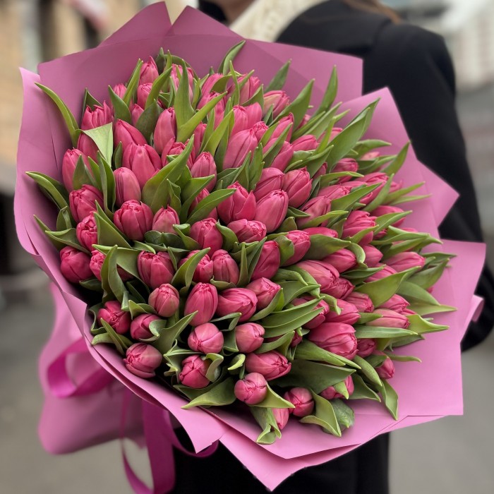 101 розовый тюльпан Квин оф Марвел в упаковке