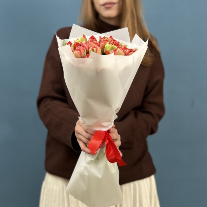 15 красно-зеленых пионовидных тюльпанов