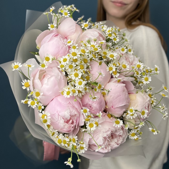 11 пионов Ангел чикс с ромашками