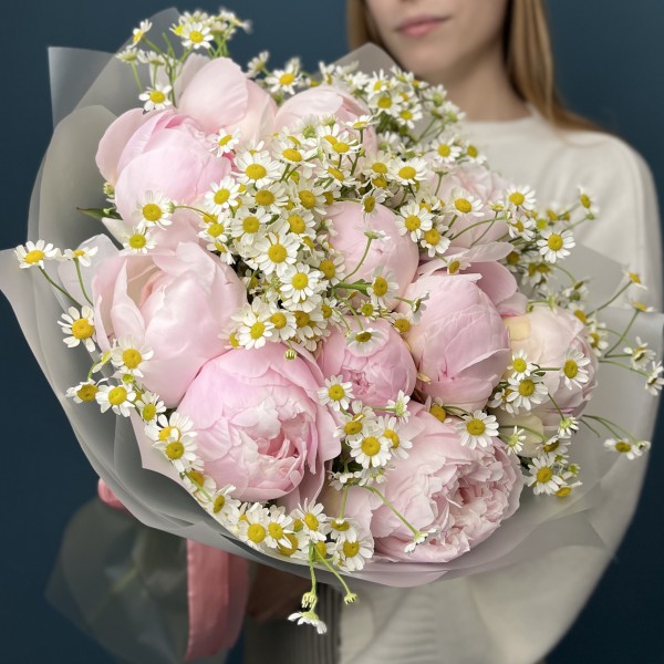 11 пионов Ангел чикс с ромашками