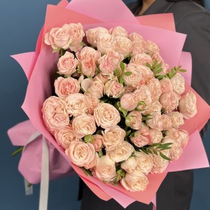 15 кустовых пионовидных роз розовый бомбастик 40 см