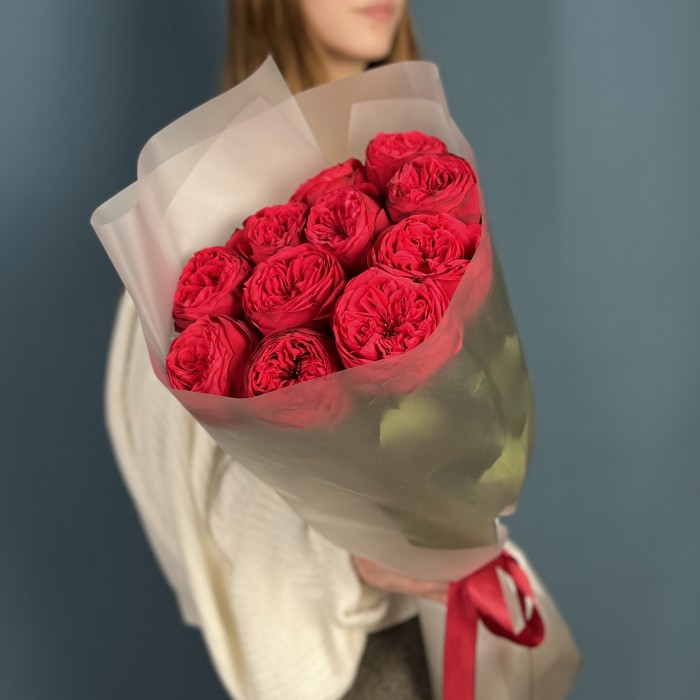 11 красных пионовидных роз Ред Пиано 60 см