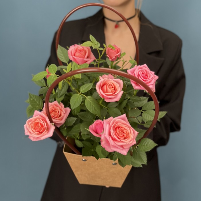 Роза Кордана розовая в подарочной сумочке