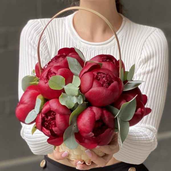 11 бордовых пионов с эвкалиптом в корзине