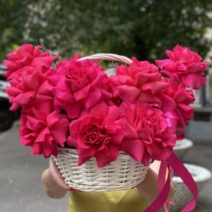 11 ароматных малиновых розовых роз в корзине