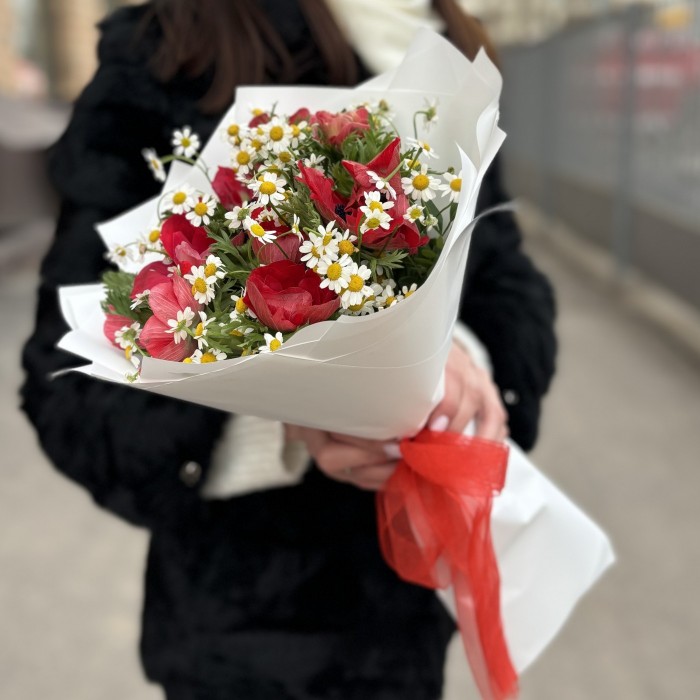 11 красных анемонов с ромашками
