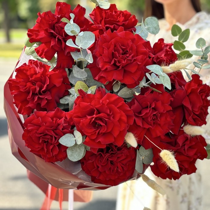 11 красных французских роз с эвкалиптом