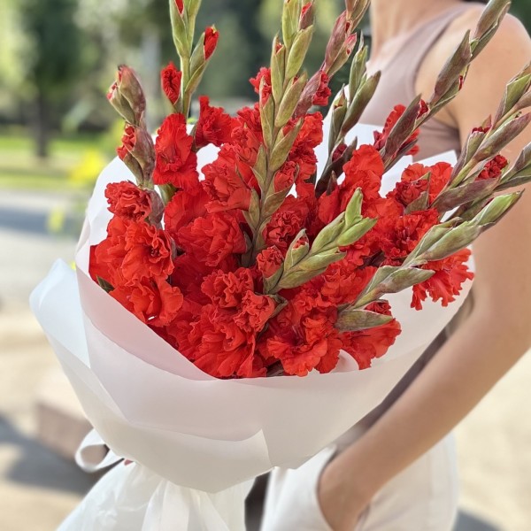 11 красных гладиолусов
