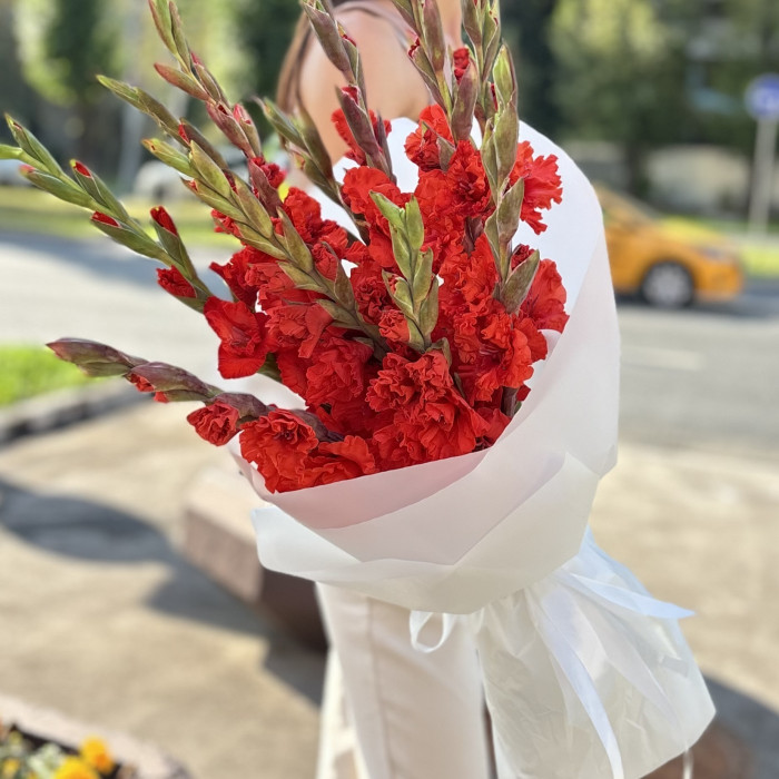 11 красных гладиолусов