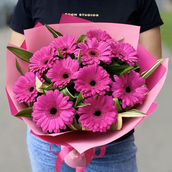 11 малиновых гербер