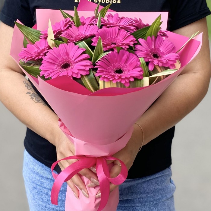 11 малиновых гербер