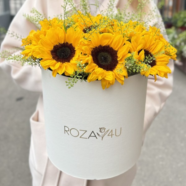 11 подсолнухов с гринбеллом в коробке