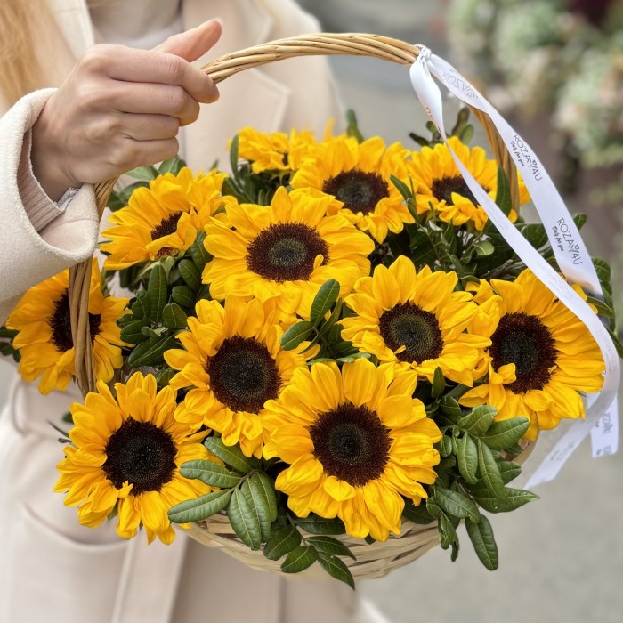 11 подсолнухов в корзине