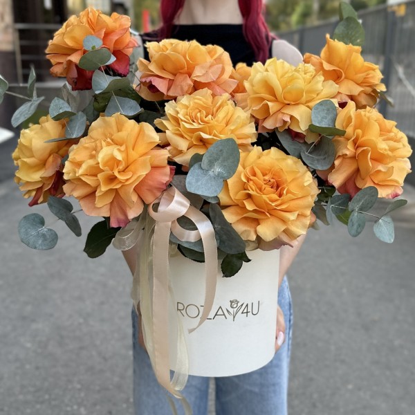 11 пышных роз Фри Спирит с эвкалиптом в коробке