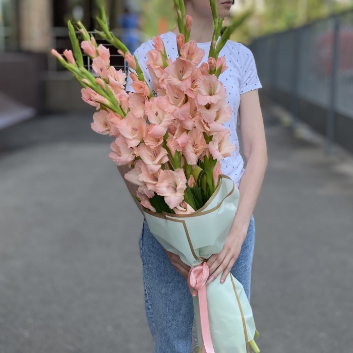 11 розовых гладиолусов с аспидистрой