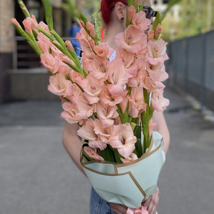 11 розовых гладиолусов с аспидистрой