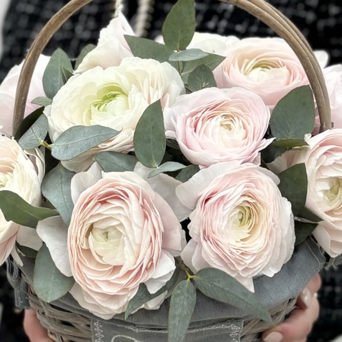 11 розовых ранункулюсов в корзине